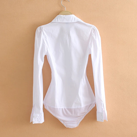 Office Wear Women Long Sleeve Button Bodysuit Shirts & Blouses with Pleated Front Elastic Mesh Panty White Black Blue S-5XL