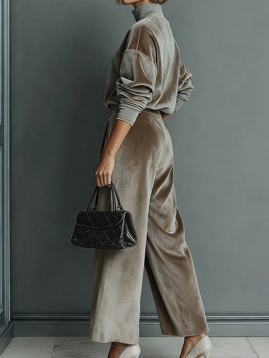 Fashion Casual Sport Style Golden Velvet Outfits Elegant Solid Color Loose Women's Commute Suits Autumn Winter Pocket Pants Sets