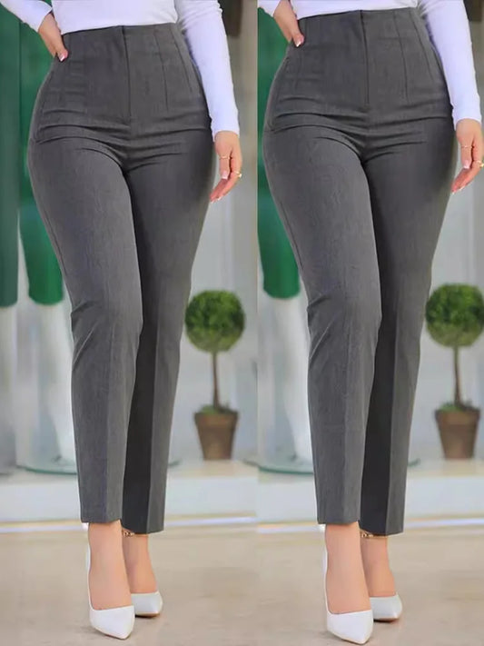 Faion Slim Fit Nine-Tenths Trousers for Women Pure Color High Waist Straight Leg Pants Casual High Waist Polyester Fiber