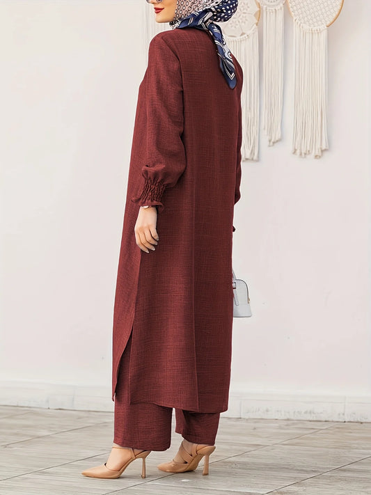 Middle Eastern Ramadan New Style Women's Front-Button Long-Sleeve Slit Dress Muslim Ethnic Style Loose Pants Saudi Arabian Style Comfortable Casual Solid Color Two-Piece Set Without Headscarf