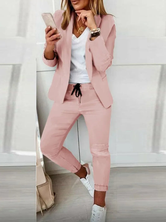 Fashion Suit Coat 2 Piece Sets For Women Elegant Office Womens Clothing Solid Long Sleeve Tops+Long Pants Sets Outfits Lady New