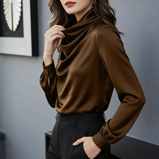 Elegant Women's Clothing Loose Casual Blouse New Simple Long Sleeve Shirt Solid Color Office Lady Chic Satin Cowl Neck Blouses
