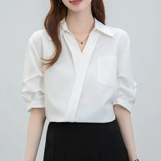 Office Ladies V-Neck White Shirts Half Sleeve Loose Casual Blouse Korean Fashion Pocket Elegant Blue Shirt