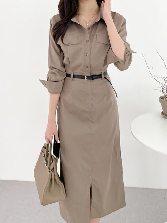 Retro Chic Belted Long Dr High Waist Slimming Spring New Women's Faion Korean Sle A-Line Skirt Collar Single Button