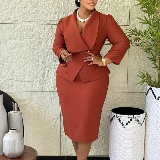 Elegant Office Dresses for Woman V Neck Full Sleeve Belt Waisted Sheath Package Hips Mid Calf Formal Business Work Wear Gowns OL