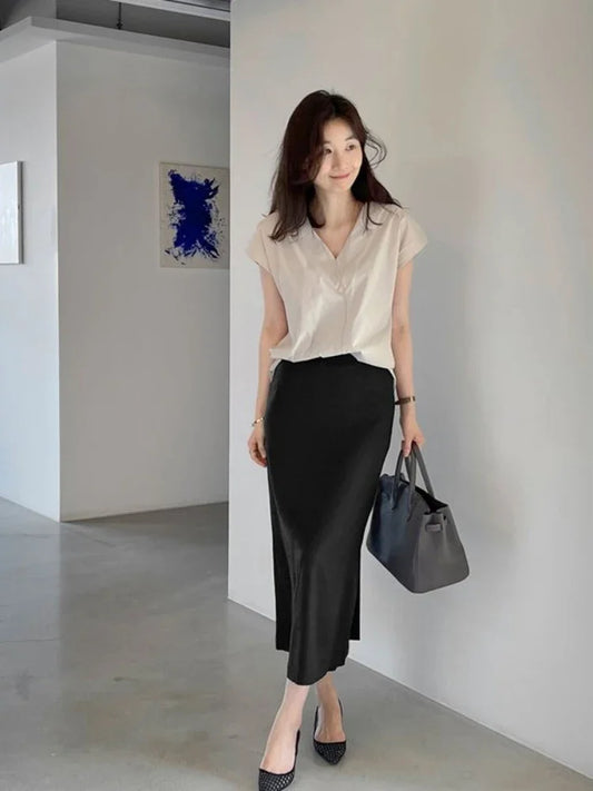 Office Outfits Women's Shirt and Blouse Thin Style Half Sleeve Female Tops Luxury Designer Aesthetic Xl Cute Elegant Youthful M