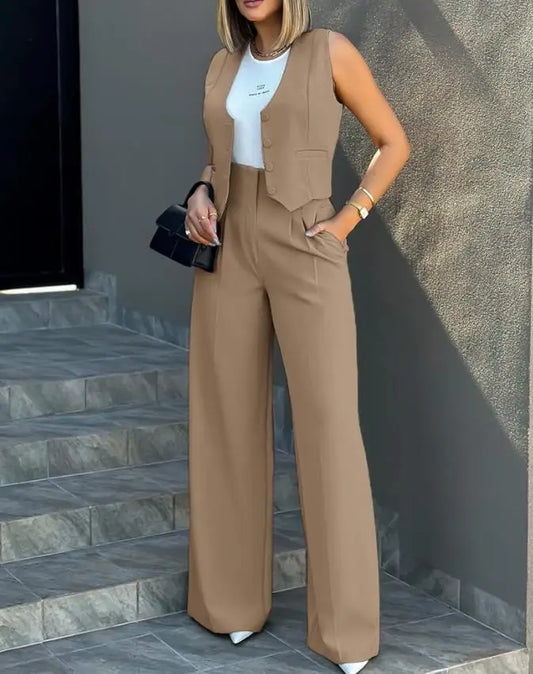 Faionable Casual Women's Suit Set Wide Leg Pants Vest Two Piece Outfit Office Wear Winter Season Chic Sle Middle-Aged Women