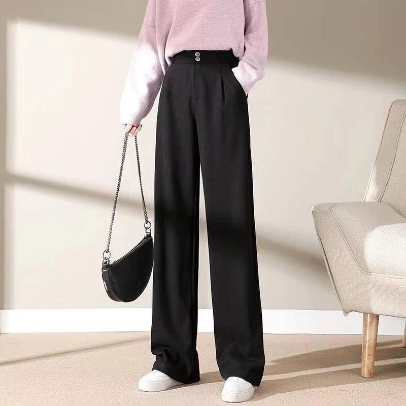 2024 Autumn Winter Women Concise Woolen Pants Lady Wide Leg Designer Outside Trousers Female Thicken High Waisted Draping Pants