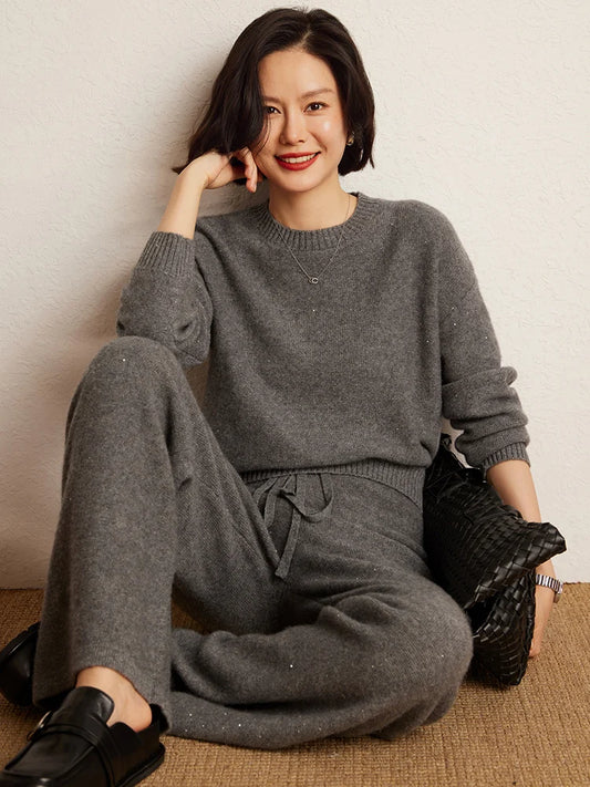 Women 100% Cashmere Pullover Wide Leg Pants Set Thick Warm O-Neck Sweater Loose Long Trousers Autumn Winter Cashmere Outfit Suit