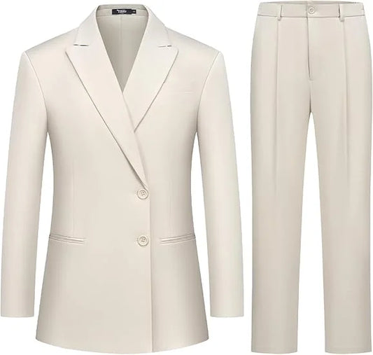 Customized Women's 2 Piece Suit Two Button Business Casual Office Work Outfits Dressy Blazer Wide Leg Pants Set