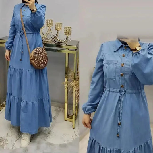Elegant Denim Dress Single-breasted Dubai Turkey Kaftan Muslim Turn Down Collar Dresses for Women Femme Caftan Islam Clothing