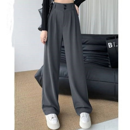 Elegant Ladies' Suit Pants High Waist Fashion Black Zipped Button Office Summer Leisure Women's Loose Straight Formal Trousers
