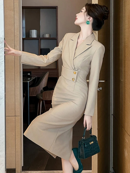 Women Clothes Work Style Business Simple Lapel Slim Midi Pencil Dress Elegant Ladies Formal Occasion Vestidos Casual Commute New