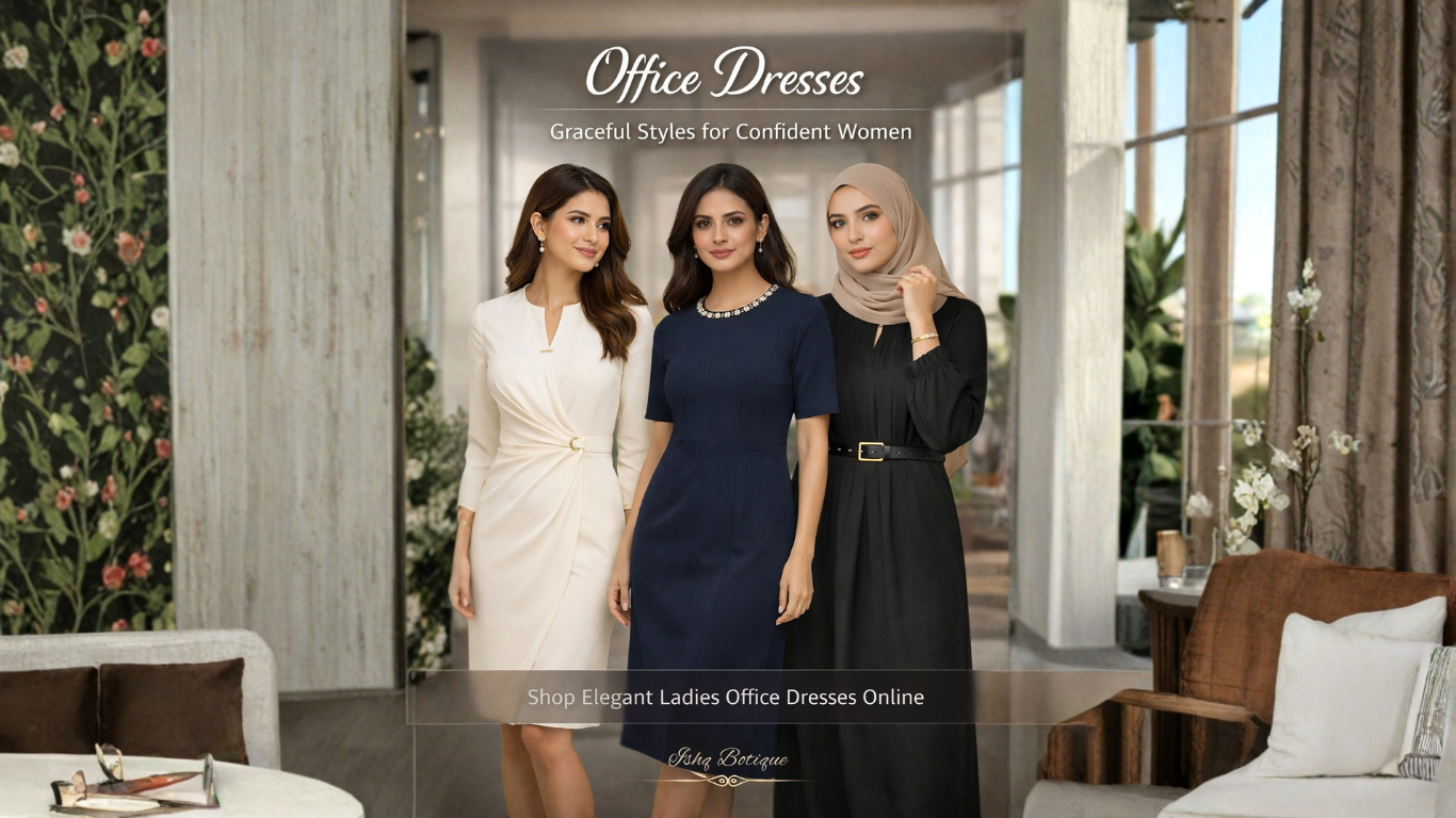 Stylish women’s office dresses arranged for professional workwear, featured by Ishq Botique.