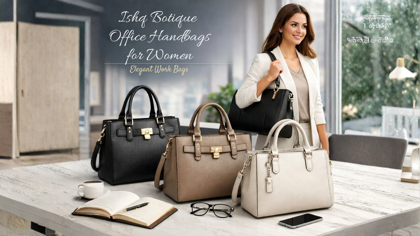 Three elegant women’s office handbags in black, brown, and beige placed on a desk in a modern office, with a professional woman carrying a black work bag.