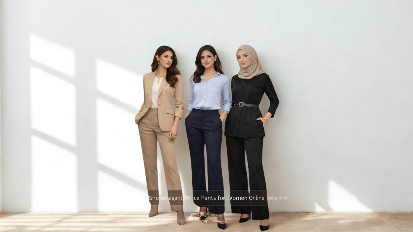 3 women wear elegant office suit with pants in office background