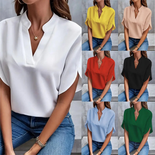 Autumn Women's Square Neck Short Sleeve Loose Shirt - Women's Simple Casual Solid Color Slimming Shirt