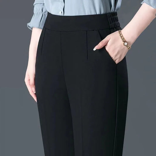 Autumn Winter Now High Waist Elastic Casual Pants Women Straight Loose All-match Solid Color Fashion Office Lady Suit Trousers