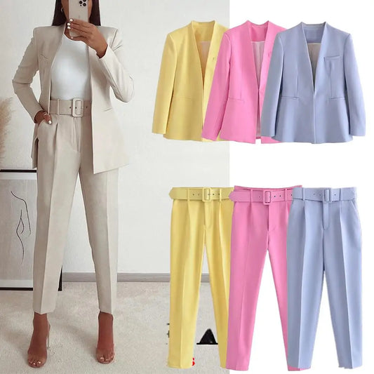 KONDALA Office Lady Beige Women Suits Long Sleeve V Neck Oversized Blazer+High Waist Wide Leg Pants Fashion 2025 Vintage Sets