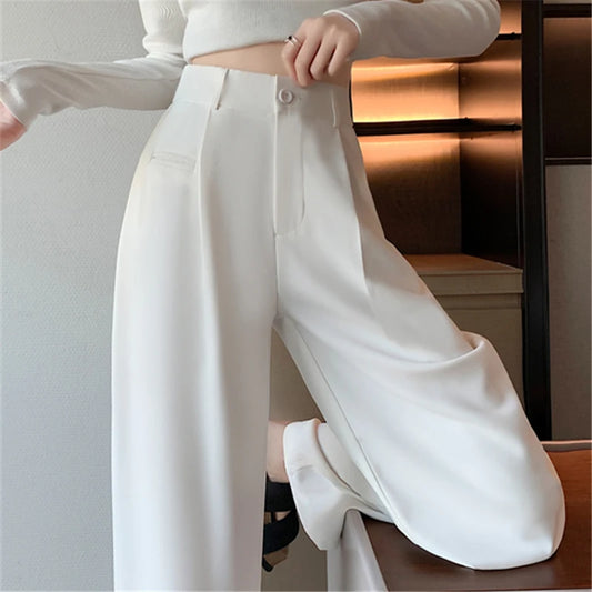 High Waist White Suit Wide Leg Women's Full Pants 2024 New Spring Summer Female Elegant Minimalism Straight Loose Trousers