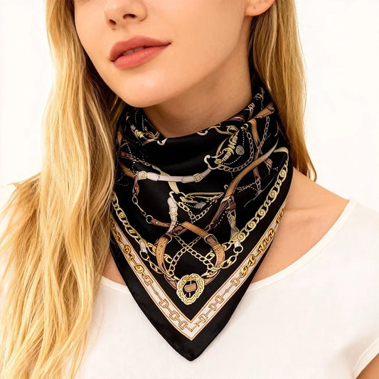 68cm Retro Chain Print Scarf Head Scarfs for Women Luxury Polyester Fiber Thin Scarf Trendy Versatile Neck Gaiter Shawl Hijab