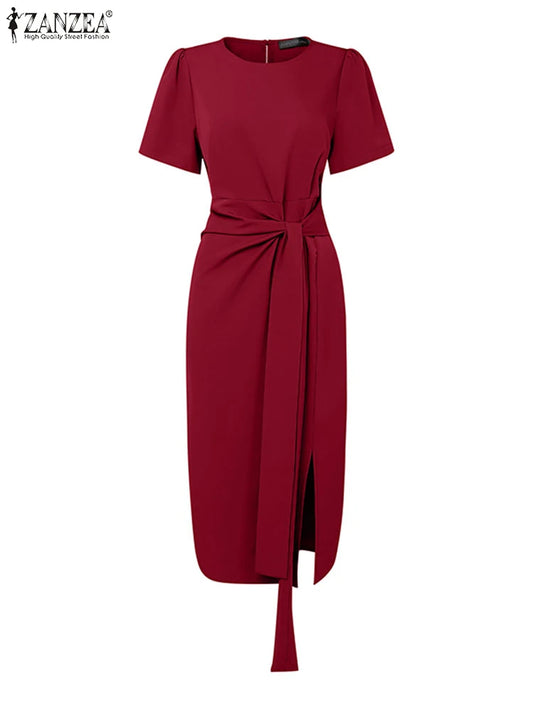 2025 Summer Dress ZANZEA Elegant Women Work OL Dresses Stylish Short Sleeve Slim Fit Party Vestidos Solid Lace Up Sundress Robe