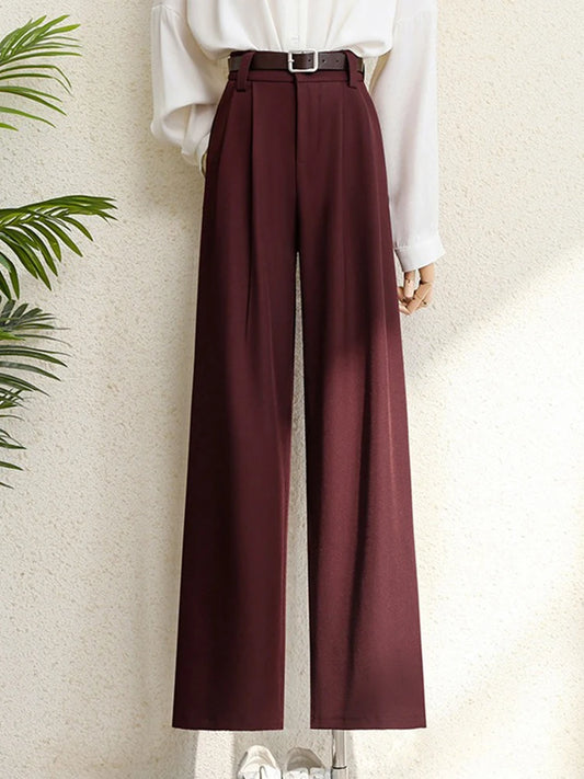 2026 New Burgundy Suits Pants for Women Office Lady Elegant High Waist Wide Leg Fashion Trousers with Pockets Black Gray