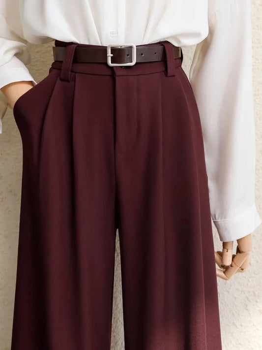 2026 New Burgundy Suits Pants for Women Office Lady Elegant High Waist Wide Leg Fashion Trousers with Pockets Black Gray