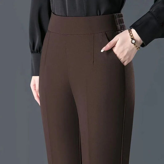 Autumn Winter Now High Waist Elastic Casual Pants Women Straight Loose All-match Solid Color Fashion Office Lady Suit Trousers