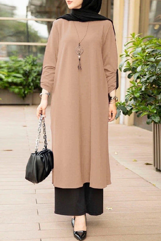 2025 Elegant Muslim Abaya Daily Colorblock Side Slit Crew Neck Long Sleeve Maxi Dress Women