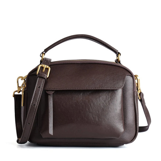 Genuine Leather Shoulder Bag for Women - Vintage Vegetable Tanned Cowhide Crossbody Bag, Casual Small Square Handbag